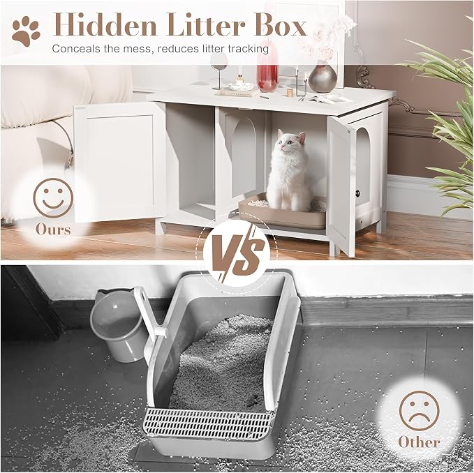 JY QAQA Cat Litter Box Enclosure,Litter Box Furniture Hidden with Barn Door,Wooden Cat Washroom Furniture,Cat House,Fit Most of Litter Box,White