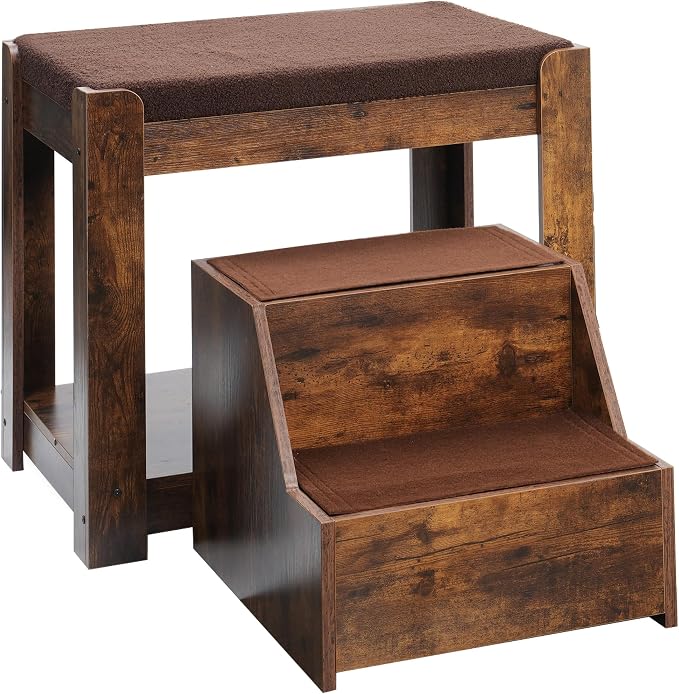 Large Dog Window Perch with 2-Tier Stairs,Sturdy Wood Frame, Rustic Brown | SogesPet Indoor Pet Perch with Steps to Look Out Window, for Cats Dogs, Non-Slip Removable Soft Pads, Max Load 66lbs