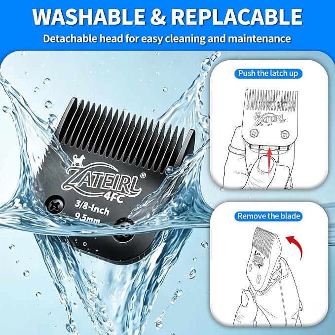 4 Pack Long Cut Pet Grooming Clipper Blades with Steel Cutters, Sizes 4FC, 3-3/4FC, 5/8HT & 3/4HT, Black, Compatible with Andis, Oster A5, Wahl KM10 A5 Style Dog Clippers