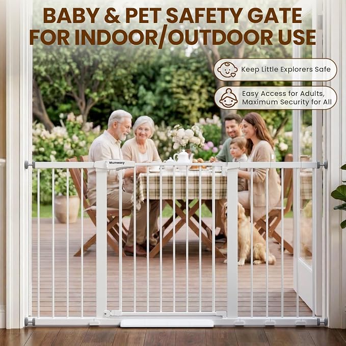 Mumeasy 29.7-57" Extra Wide Baby Gate, Auto Close Large Dog Gate for Doorways, No Drilling Pressure Mounted Pet Safety Gate for Stairs, Easy Walk Through Child Gate for Hallways, House, Indoor, White