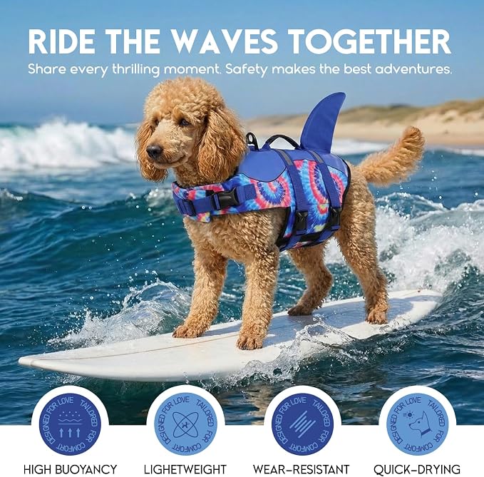 ASENKU Dog Life Jacket - Pet Safety Vest for Swimming & Boating, Shark Life Jacket with Floatation, Dog Lifesavers Swimsuits for Small Medium Large Dogs (Blue Bandhnu, XL)