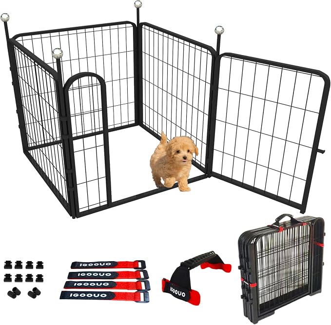 Puppy Playpen, IGOOUO 24'' Portable Dog Playpen with Easy-Carry Straps,4 Panels Dog Pen Play Pen for Small Dogs,Rustproof Pet Playpen for Camping RV Yard(with One Door)