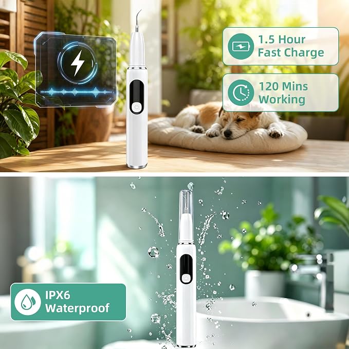 Dog Plaque Remover for Teeth, Pet Ultrasonic Tooth Cleaner Kit, 5 Adjustable Modes Dog Teeth Cleaning Kit with LED Light, Dental Tools, Tartar and Stain Remover for Dogs and Cats (White)