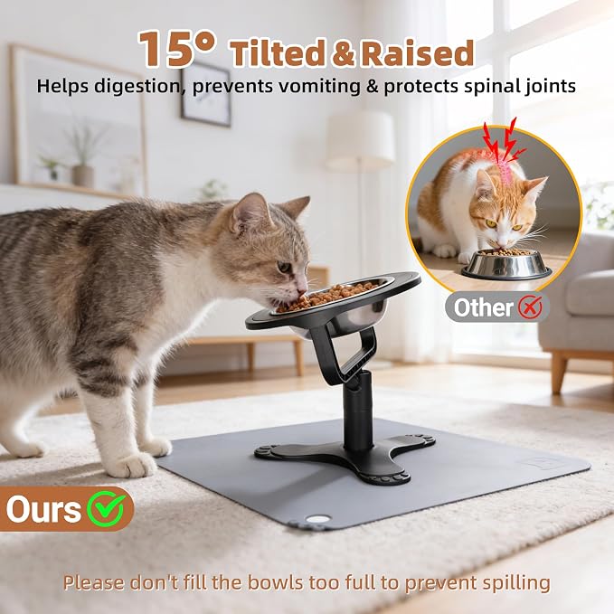Elevated Cat Bowl with Silicone Food Mat, 3 Height Adjustable, 15° Tilted Cat Bowls Stand with Stainless Steel Bowl for Indoor Cats & Kittens (1 Pack with Mat)，Black