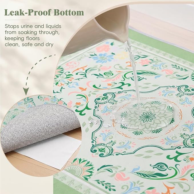 Bienbee Cat Litter Mat, 2PCS 28"x20" Machine Washable Litters Box Mats Non-Slip &Waterproof Cat Litters Trapping Mats Easy to Clean Mat for Litter Box Less Waste Protects Floors Bean Green Mandala M