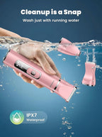 oneisall 4 in 1 Dog Grooming Kit with LCD Display Pink | Paw Hair Trimmer & Nail Grinder, Rechargeable, Cordless, Low Noise, IPX7 Waterproof, 3 Speeds Pet Grooming Clippers