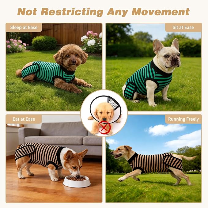 2 Packs Breathable Cotton Dog Recovery Suit for After Neuter Spay Abdominal Wounds Protector, Professional Anti-Licking Onesies for Male Female Pets Surgery Bandages, L Striped Yellow Green