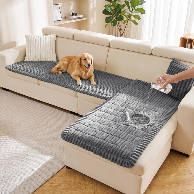 FUANGUI 2 Pack Waterproof Couch Cover for Dogs Pets Sofa Protector | Non-Slip Washable Fuzzy Soft Sofa Slipcover for 2 PCS L Shaped Sofa Pet Friendly, 27.6" x 70.9"+27.6" x 82.7", Grey