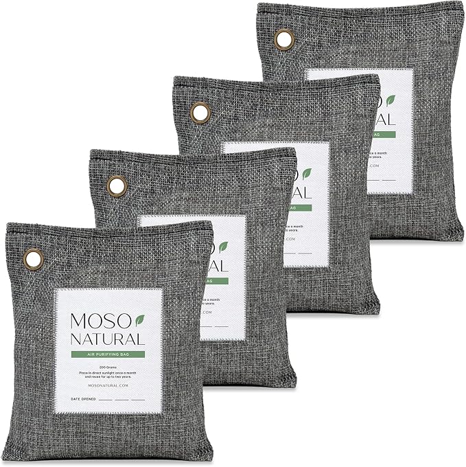 Moso Natural Air Purifying Bag 200g (4 Pack) Premium Charcoal Odor Absorber, Car Odor Eliminator & Closet Deodorizer for Home & Pet, Lasts 2 Years, Unscented Bamboo Charcoal Bags, HGTV Editors' Pick