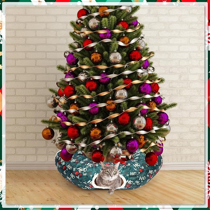 Christmas Cat Tunnel Bed for Indoor Cats Under Christmas Tree Skirt Tube with Hanging Ball Plush Cat Cave, Washable Holiday Pet Gift Toy & Gift for Kittens(Pine Branch)