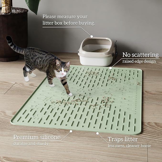 XL Cat Litter Mat, 37.5x25.2 Silicone Trapping Mat Sage Green | for Kitty Litter Box, Easy Clean, BPA Free Rubber, Center Litter Collection, Easy Pour-Back, Waterproof, Odor-Resistant