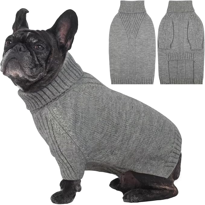 IECOii Dog Sweaters For Medium Dogs Girl Boy,Holiday Knit Doggy Sweatshirt with Sleeve,Turtleneck Thick Warm Dog Sweaters for Winter,Pullover Knitwear for French Bulldog,Boston Terrier (Light Grey, L)