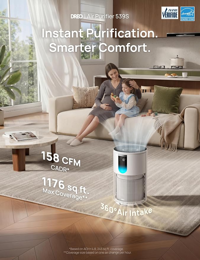 DREO Smart HEPA Air Purifier for Home, Up to 1176 ft², Air Cleaner for Large Rooms & Bedrooms, Wi-Fi/Voice/Alexa, Pets, Smoke, Dust, Pollen & Odors, PM2.5 Monitor, 4 Modes, DR-HAP009S (Dreo 539S)