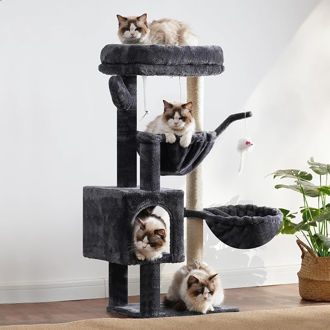 Heybly Cat Tree, 40" Tower with All-Sisal Wrapped Scratching Post HCT006SG | Cat Tower for Indoor Cats, Cat Condo with Soft Platform, 2 Baskets and Dangling Toy, Smoky Gray