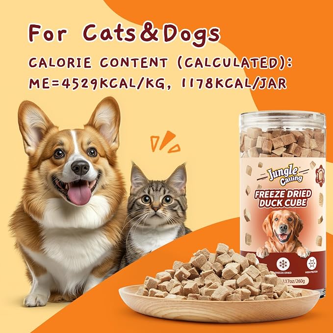 Jungle Calling Freeze Dried Duck Dog & Cat Treats, High Protein, 9.17 oz | Single Ingredient Duck Bites, Grain-Free, Additive-Free Training Treats & Food Toppers for Sensitive Skin & Stomach