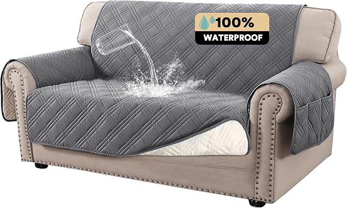 100% Waterproof Loveseat Covers for 2 Cushion Couch Sofa Covers Waterproof and Washable Sofa Slipcover with Side Pocket Furniture Protector with Elastic Straps(Loveseat 48", Grey)