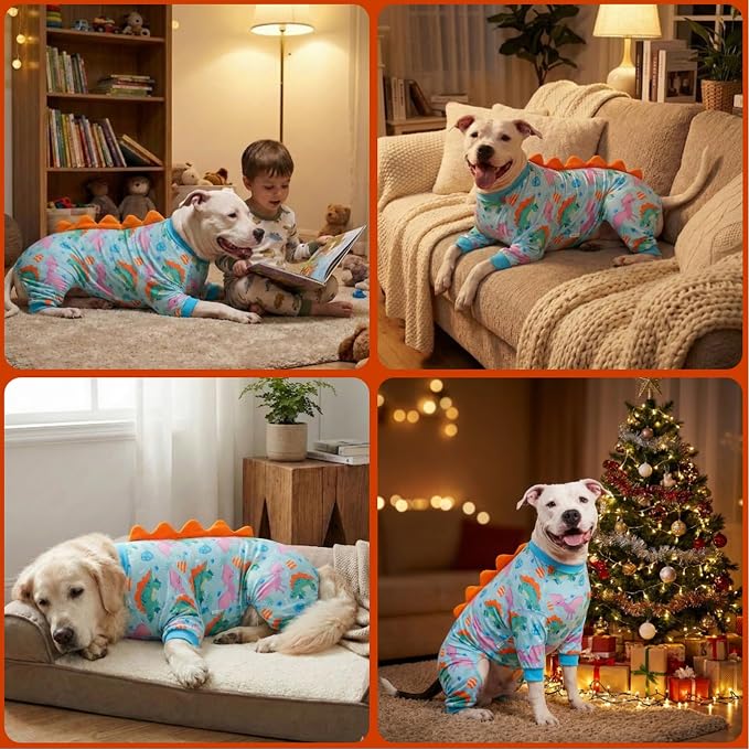 LovinPet Large Dog Pajamas, Four-Leg Stretch Onesie Bodysuit, Lightweight UV-Shielding Pajamas, Anti-Lick Calming Recovery Suit for Surgery, Pull-On for Medium and Large Breeds,Green Orange,3XL