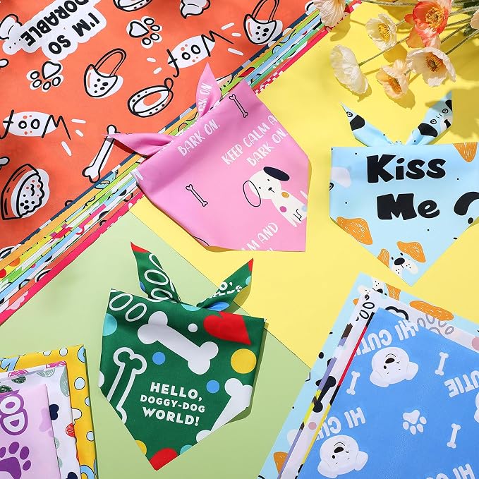 Sweetude 100 Pcs Plaid Dog Bandanas Bulk Paw Print Dog Scarf Bibs Puppy Pet Bandanas with Captions Adjustable Cat Outfit Washable Triangle Scarf Kerchief for Small to Medium(Vivid)