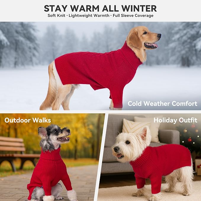 cyeollo Red Dog Sweater Long Sleeve Knitted Turtleneck Pullover Clothes | Ultra Soft Warm Knit, Full Coverage, 4-Way Stretch for Easy Movement, Easy On & Off, Winter Daily Wear for Small Dogs