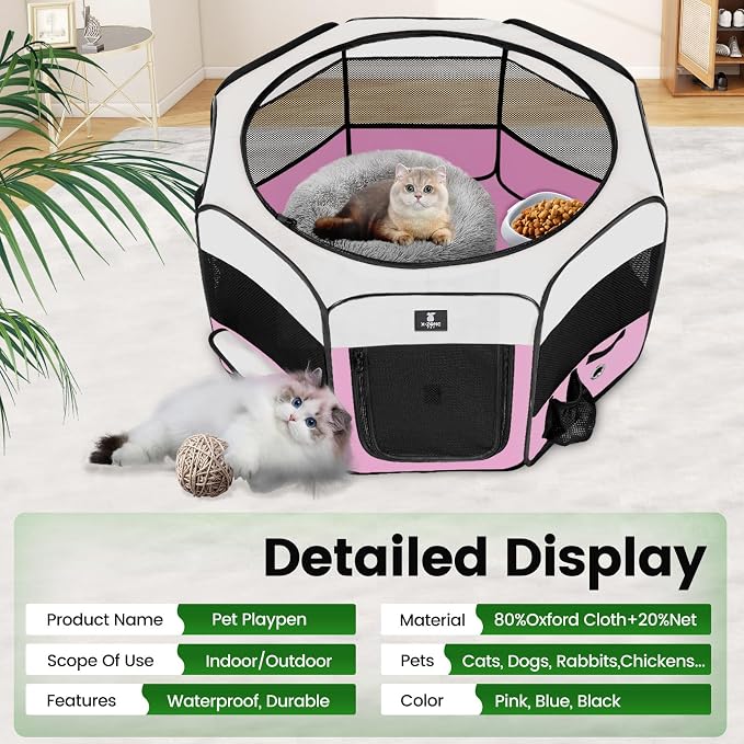 X-ZONE PET Portable Foldable Pet Dog Cat Playpen Crates Kennel/Premium 600D Oxford Cloth,Removable Zipper Top, Indoor and Outdoor Use (XL, Pink)