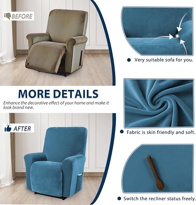 Asnomy Stretch Recliner Chair Covers with Pockets 1-Piece（Peacock Blue） | Velvet Washable Elastic Luxury Plush Reclining Furniture Protector for Dogs Cats or Lazy Boy Recliner Covers