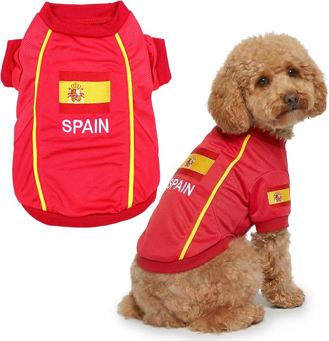 Parisian Pet Spain Dog Jersey - Breathable Mesh Puppy Football Jersey - Lightweight Stretch Sporty Dog Clothes - Summer Shirts for Large Dogs - Soccer Jersey for Dogs - Sportswear Pet Clothes