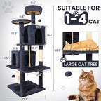58.5inch Large Cat Tree Tower Condo for Indoor Cats, Soft Plush Multi-Level Climbing Tree Cat House with 2 Cat Cave, Scratching Post, More Entrance/Exit, Sisal Staircase, Light Black