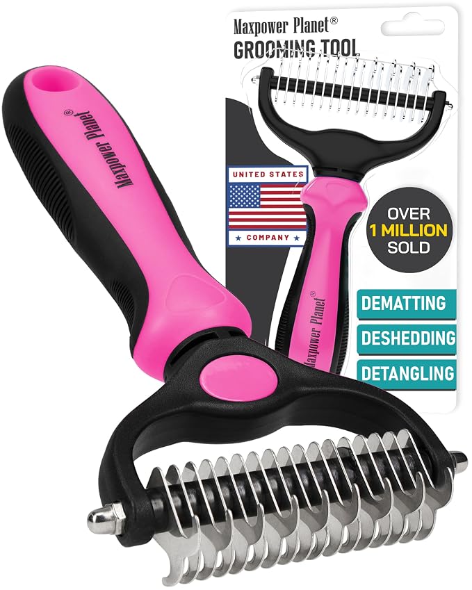 Maxpower Planet Hair Brush - Double Sided Shedding, Dematting Undercoat Rake for Dogs, Cats - Extra Wide Dog Grooming Brush, Pink | Pink, Deshedding & Dematting, Extra-Wide Double-Sided Comb, Long-Haired Coats, Reduces Shedding, Original Design