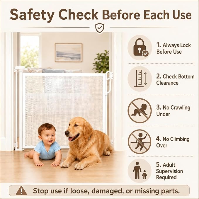 Spaceany Retractable Safety Baby Gate or Mesh Dog Gate,Durable Portable Mesh Retractable Gate,Easy to Use for Stairs, Doorways, Hallways, Indoor, Outdoor, 33.5" Tall, Extends to 55" Wide,White