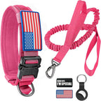 Tactical Dog Collar and Bungee Leash,Military Dog Collar & Leash Set with USA American Flag Adjustable K9 Collar with Heavy Duty Metal Buckle & Handle,with Patches and Airtags Case (Pink, M)