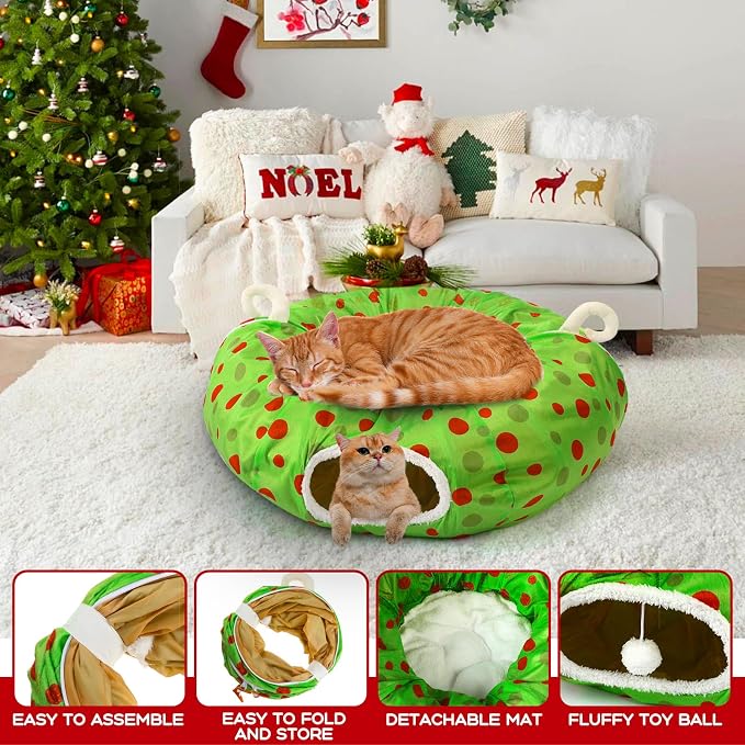 Hollowfly Christmas Cat Bed Tunnel 3ft x 3ft x 9.8in Lime Green Under Tree Cat Donut Tunnels for Indoor Kitten Plush Polka Dot Peekaboo Cave Toy Collapsible 3 Way Xmas Gifts for Small Kitty