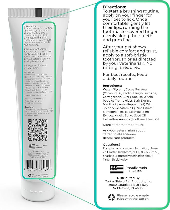 Tartar Shield® Pro Care Dog & Cat Toothpaste, VOHC Accepted, 3 oz. | Clinically Proven Plaque, Tartar & Halitosis Reduction | Human-Grade Natural Ingredients | Coconut Flavor | Made in the USA