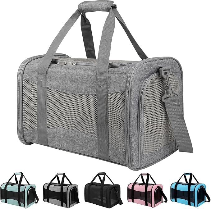 Cat Carrier, Soft-Sided Airline Approved Pet Carrier Case with 4 Ventilated Windows for Cats and Dogs Under 10-25Lbs (17.0 L x 11.0 W x 11.0 H Inch, Grey)