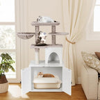 Snughome Cat Litter Box Enclosure with Cat Tree Tower and Condo, Hidden Washroom Furniture with Sisal Scratching Post and Soft Plush Perch, Wooden Cat Furniture with Multiple Platforms, White