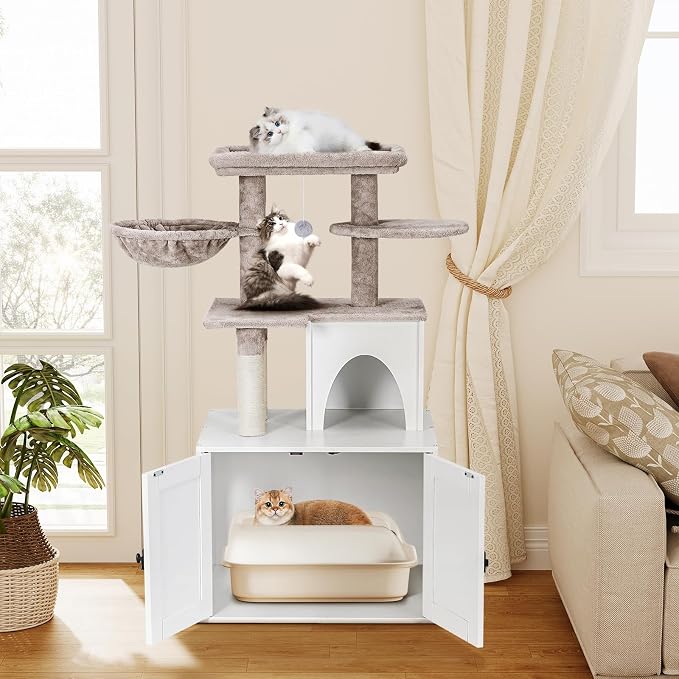 Snughome Cat Litter Box Enclosure with Cat Tree Tower and Condo, Hidden Washroom Furniture with Sisal Scratching Post and Soft Plush Perch, Wooden Cat Furniture with Multiple Platforms, White