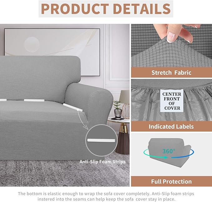 Easy-Going Waterproof Loveseat Couch Cover Stretch Jacquard Sofa Cover | Dual Waterproof Sofa Slipcover, Leakproof Furniture Protector for Kids, Pets, Dog and Cat (Loveseat, Light Gray)