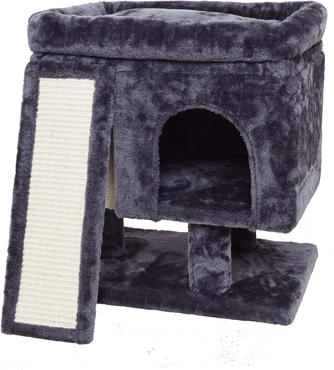 SYANDLVY Small Cat Tree for Indoor Cats Large Adult, Activity Tower with Scratching Post, Modern House with Padded Perch, Kittens Condo with Board, Cat Cave (Smoky Grey)