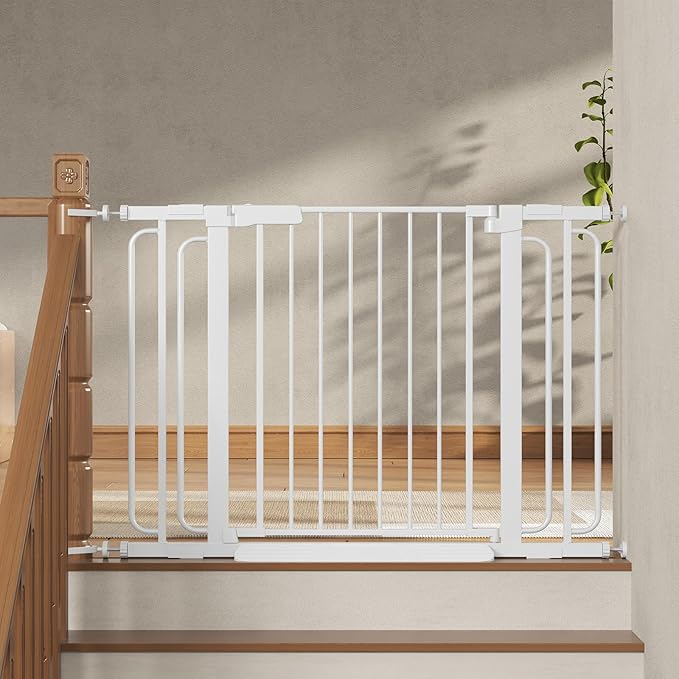 Baby Gate for Stairs 29.8-46.5 Inch Pressure Mounted, Auto Close Child Baby Gates for Doorways No Drill, Walk Through Dog Gate Indoor for The House, White
