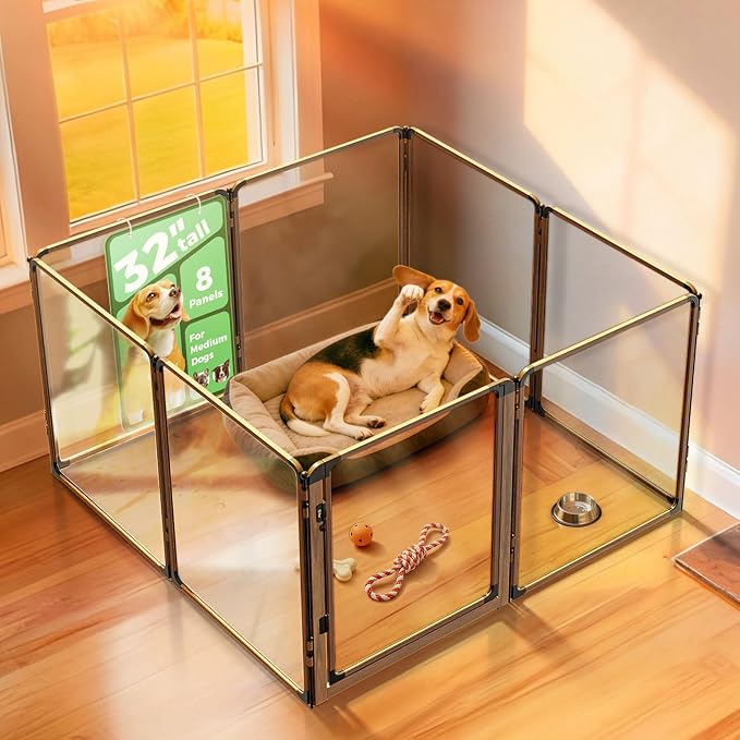 FXW AuraSpace Pro Clear Acrylic Indoor Dog Playpen, 32" H, 8 Panels | Open View, No Climbing Bars, Heavy-duty Metal, DIY Layouts, Easy Access, For Small & Medium Dogs, Patented