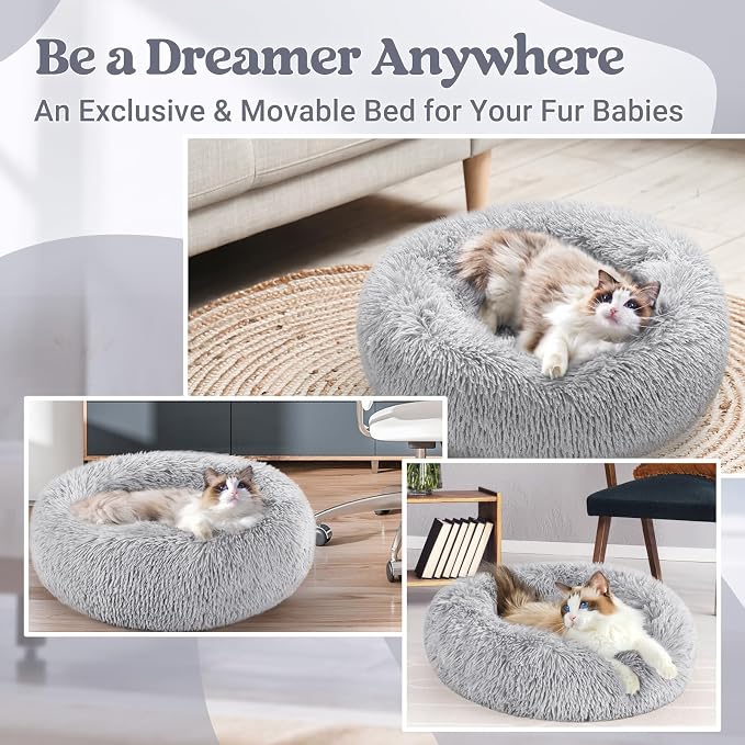 rabbitgoo Calming Cat Beds for Indoor Cats, 20 inches, Light Grey | Soft Warm Donut, Fluffy Faux Fur, Supportive Raised Rim, Anti-slip, Machine Washable, Up to 15lbs Kittens & Small Cats