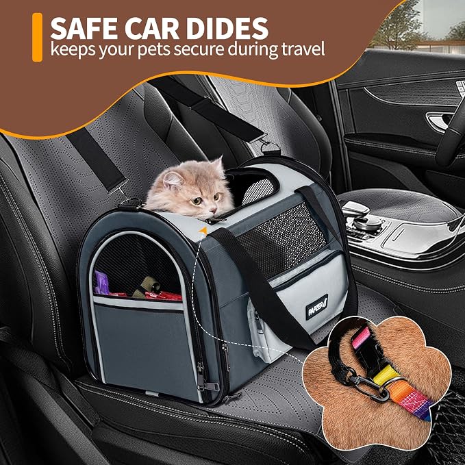 Collapsible Small Pet Carrier for Cat 15 lbs with Fashion Pocket Travel Bag | Lightweight Sturdy Little Puppy Dog Carry Crate, Breathable Stylish Kitten Soft Cage Kennel, Portable Yorkie Box Grey