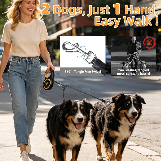 KOOLTAIL Dual Retractable Dog Leash for Two Dogs Up to 110 Lbs, Heavy Duty Double Headed 16 ft Extendable 360° Tangle-Free One Button & Lock Leash Shock Absorbing Bungee for Small Medium Large Dogs