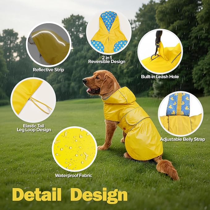 Kimee Dog Raincoat Reversible, Single Side Slicker Poncho Adjustable Waterproof Dog Rain Jacket with Leash Hole/Reflective Stripe Hooded Snowproof Windproof Clothes for Small to 3X-Large Dogs, 2XL