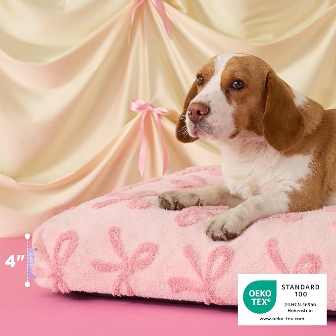 LE SURE Cute Aesthetic Dog Bed for Crate,Jacquard Thick Pet Pillow 35x22 | Shredded Chopped Foam, Jacquard Modern Plush Crate Cushion Gift Idea, Waterproof Washable Cover, Nonslip Bottom, Bow Pink