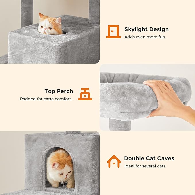Feandrea Cat Tree, 73.2-Inch Tall Cat Tower, Plush Multi-Level Condo with 5 Scratching Posts, 2 Perches, 2 Caves, Hammock, 2 Pompoms, Light Gray UPCT191W01