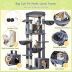 Taoqimiao 72 in Cat Tree, XXL Cat Tower for Indoor Cats Large Adult 25Lbs+ | Extra-Large Platform, 2 Cat Houses, 7 Scratching Post, Extra-Sized Durable Hammock, Cozy Basket, Smoky Gray, F20G