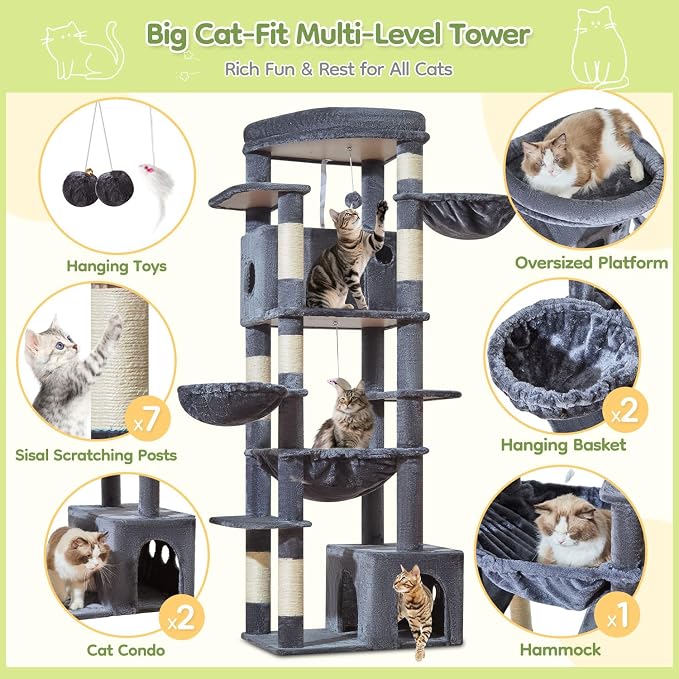 Taoqimiao 72 in Cat Tree, XXL Cat Tower for Indoor Cats Large Adult 25Lbs+ | Extra-Large Platform, 2 Cat Houses, 7 Scratching Post, Extra-Sized Durable Hammock, Cozy Basket, Smoky Gray, F20G