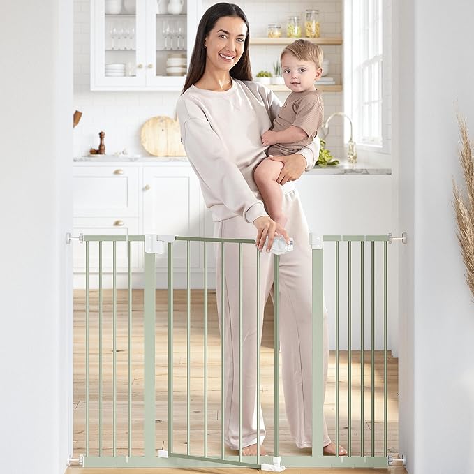 Comfy Cubs Baby Safety Gate with 3 Extensions - Adjustable 42" x 1.9" x 30" Q195 Steel Doorway Barrier - Powder-Coated Finish for Stairs and Doorways - Walk-Through Design Pet Gate - Sage