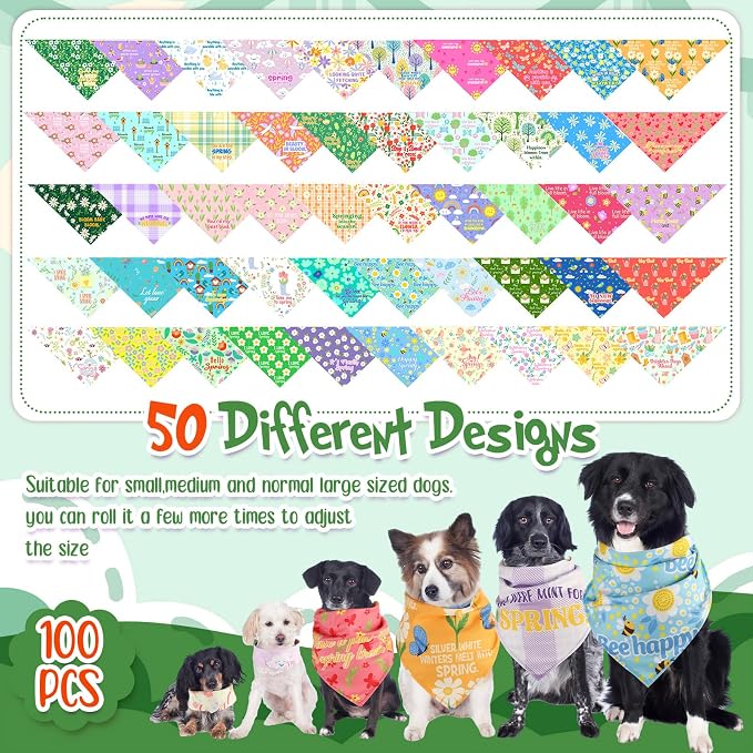 Sweetude 100 Pcs Plaid Dog Bandanas Bulk Paw Print Dog Scarf Bibs Puppy Pet Bandanas with Captions Adjustable Cat Outfit Washable Triangle Scarf Kerchief for Small to Medium(Spring)