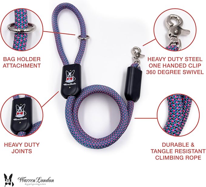 Warren London Climbing Rope Dog Leash | 5ft Length with Options for Reflective | Ergonomic Grip Comfort Control and Durability | Heavy Duty for Small Medium and Large Dogs | Purple